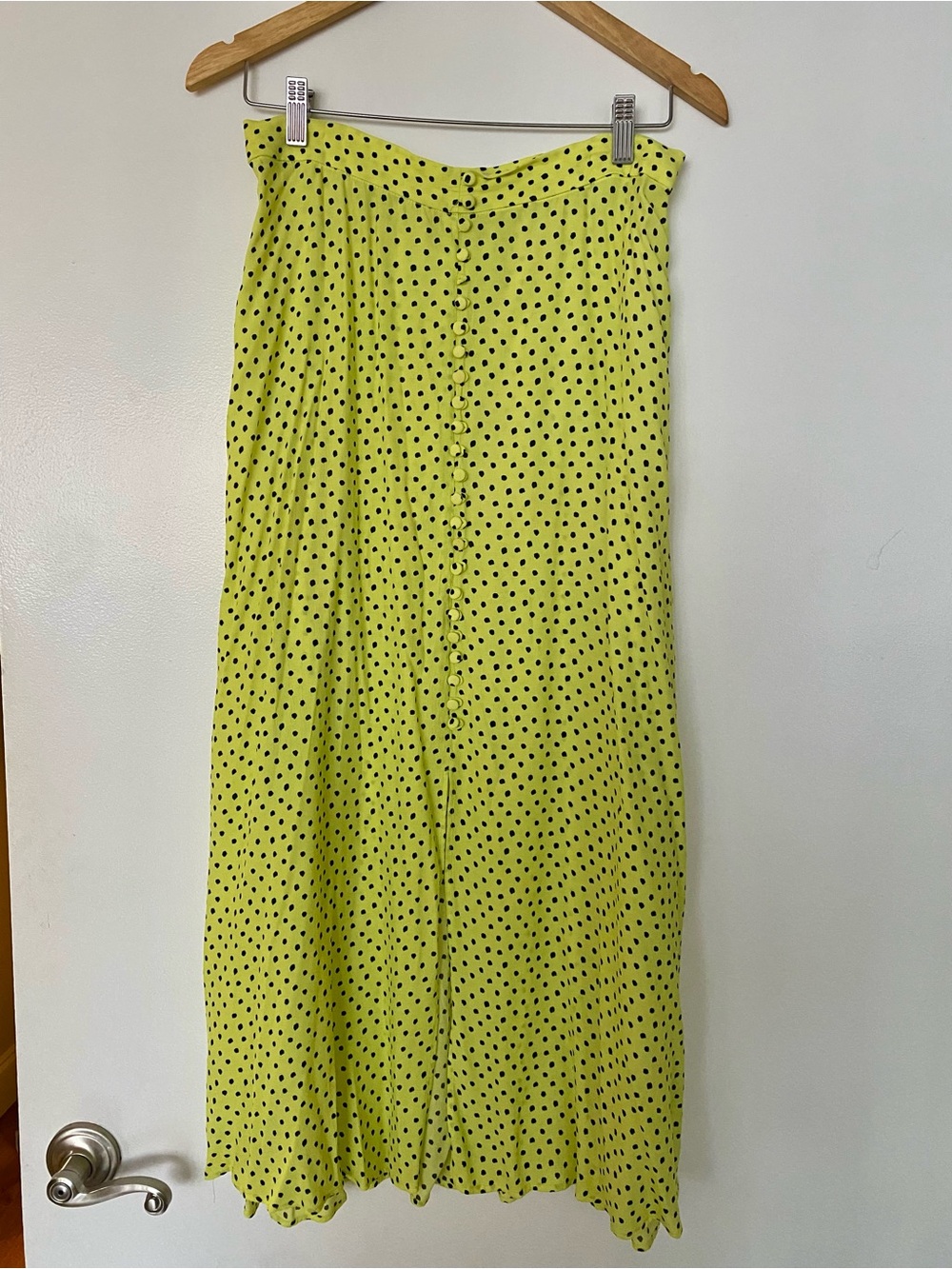 MANGO Yellow Polka Dot Midi Skirt with Button Front